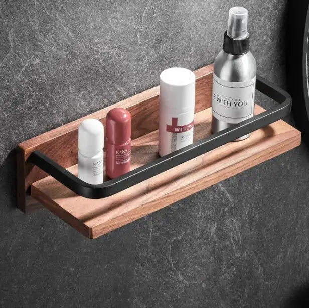 Black and wood modern bathroom hardware set with metal shelf holding toiletries for decorbites bathroom hardware