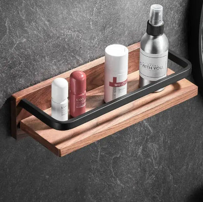 Black and wood modern bathroom hardware set with metal shelf holding toiletries for decorbites bathroom hardware