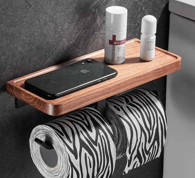Wooden shelf with natural grain finish and sleek modern design in black and wood decorbites bathroom hardware set
