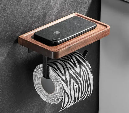 Wooden wall-mounted toilet paper holder with black metal bracket and zebra-patterned roll from decorbites bathroom hardware set
