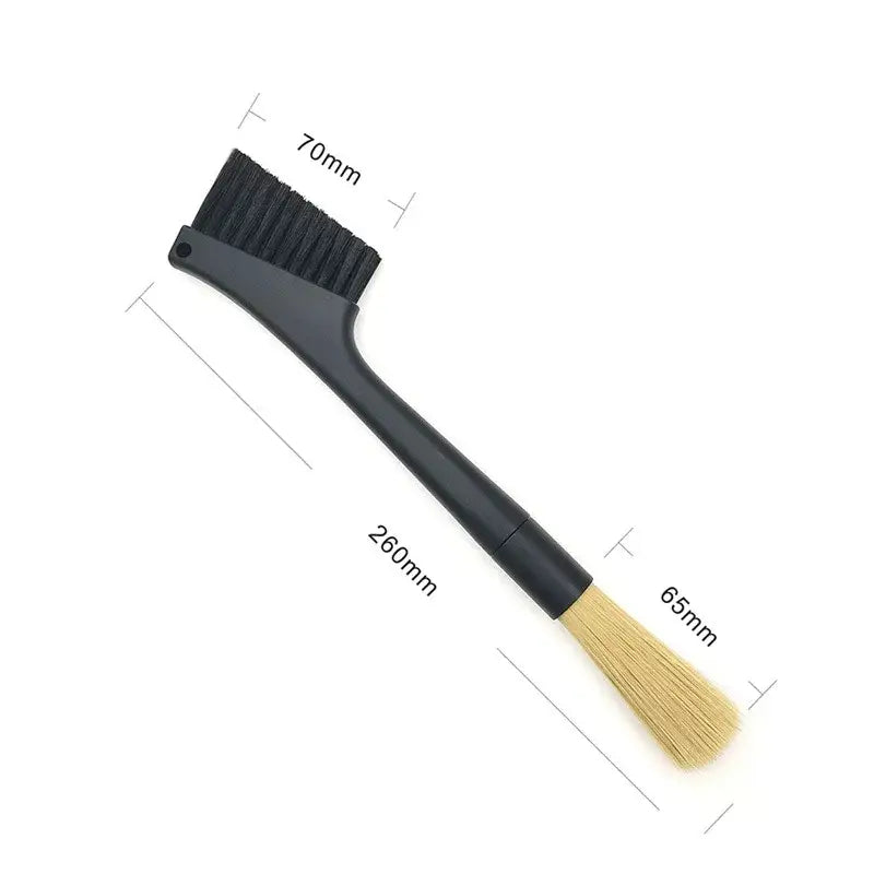 Black and tan dual-ended coffee grinder brush with sturdy plastic handle for decorbites coffee grinder cleaning tool