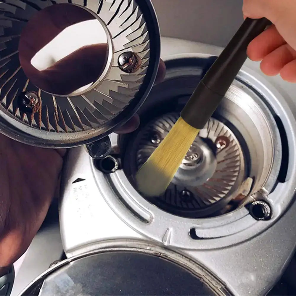 Black and yellow decorbites espresso machine cleaner brush with black handle cleaning metal grinder components