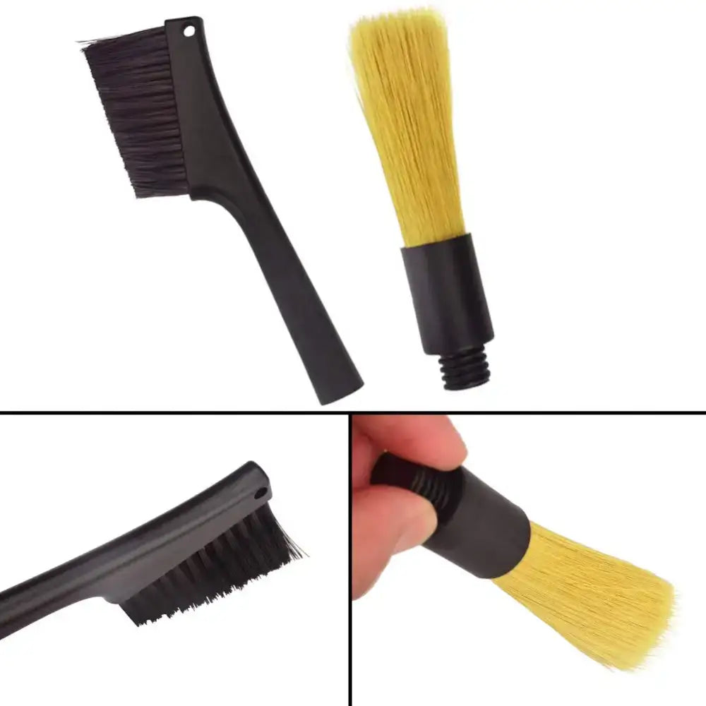 Black and yellow decorbites espresso machine cleaner brush with black plastic handle and dense bristles for machine cleaning