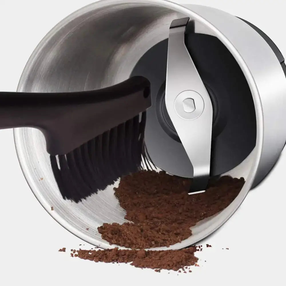 Silver and black electric coffee grinder with machine cleaner brush for decorbites espresso machine maintenance