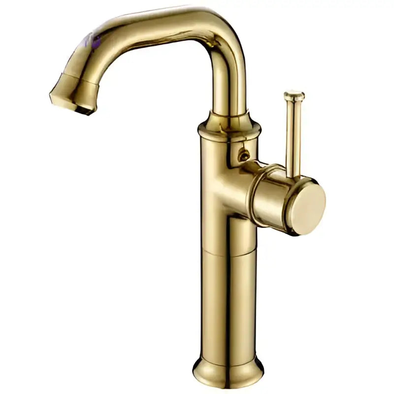 Gold-colored sleek single-handle basin faucet with curved spout and cylindrical base for decorbites black antique brass use