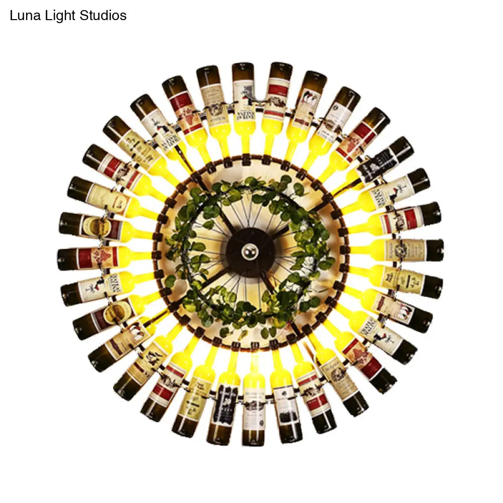 Black Antique Metal Wine Bottle LED Wall Sconce Light with Plant Decor - 1 Light Wall Lamp