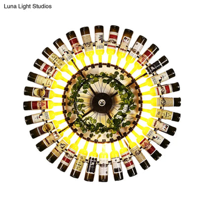 Black Antique Metal Wine Bottle LED Wall Sconce Light with Plant Decor - 1 Light Wall Lamp