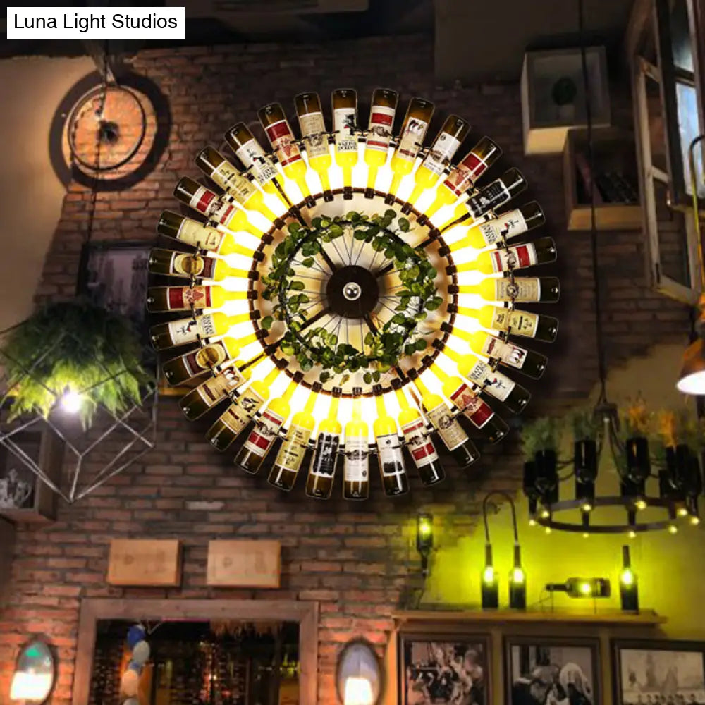 Black Antique Metal Wine Bottle LED Wall Sconce Light with Plant Decor - 1 Light Wall Lamp