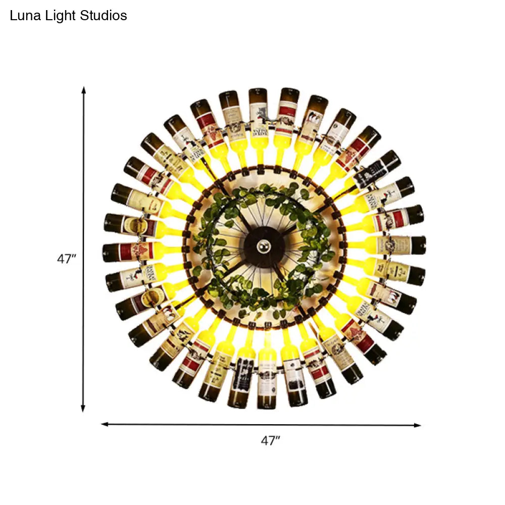 Black Antique Metal Wine Bottle LED Wall Sconce Light with Plant Decor - 1 Light Wall Lamp