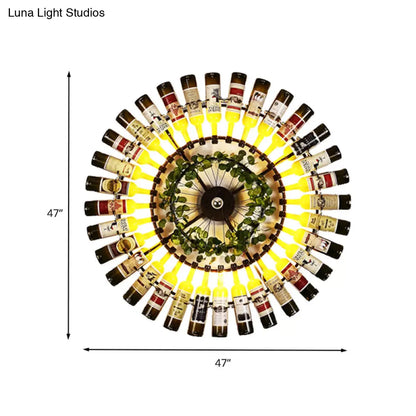 Black Antique Metal Wine Bottle LED Wall Sconce Light with Plant Decor - 1 Light Wall Lamp