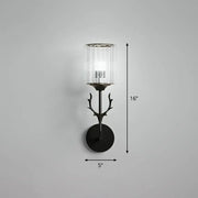 Black metal antler-inspired wall sconce with clear cylindrical glass shade compatible with e26 e27 bulbs for bedroom use
