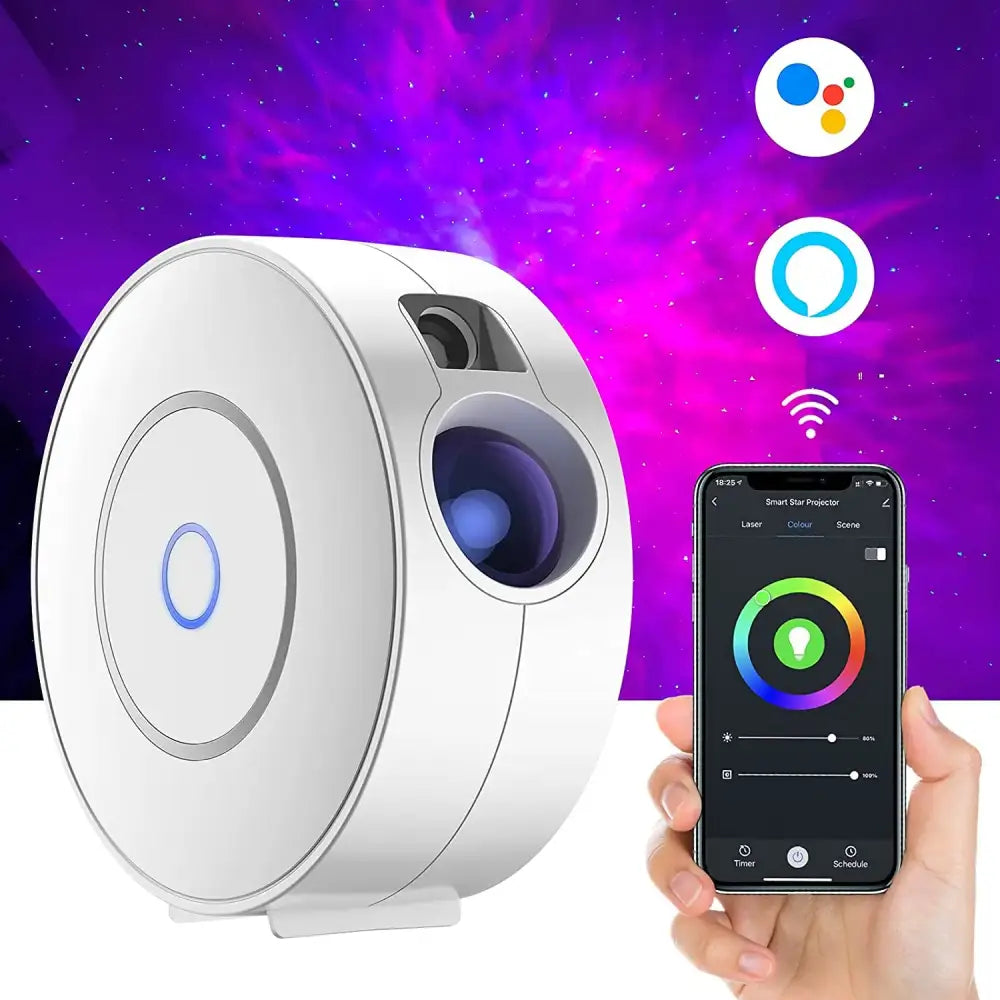 White circular black aurora galaxy projector night light with blue illuminated lens and smart control interface