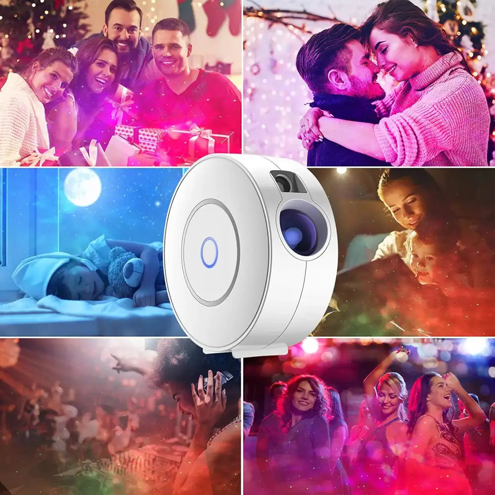 White circular black aurora galaxy projector night light with blue illuminated center ring for bedroom use