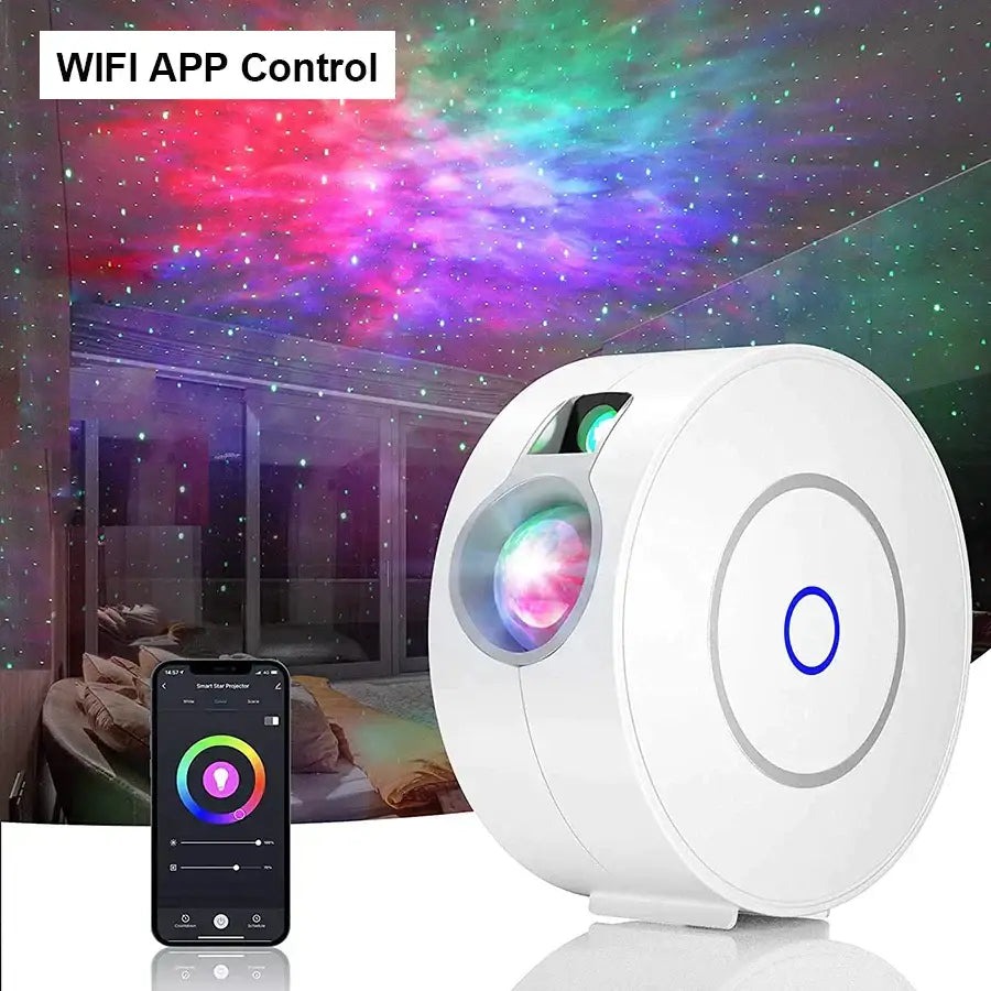 White circular black aurora galaxy projector night light with glowing lens and blue accent ring for wifi app control