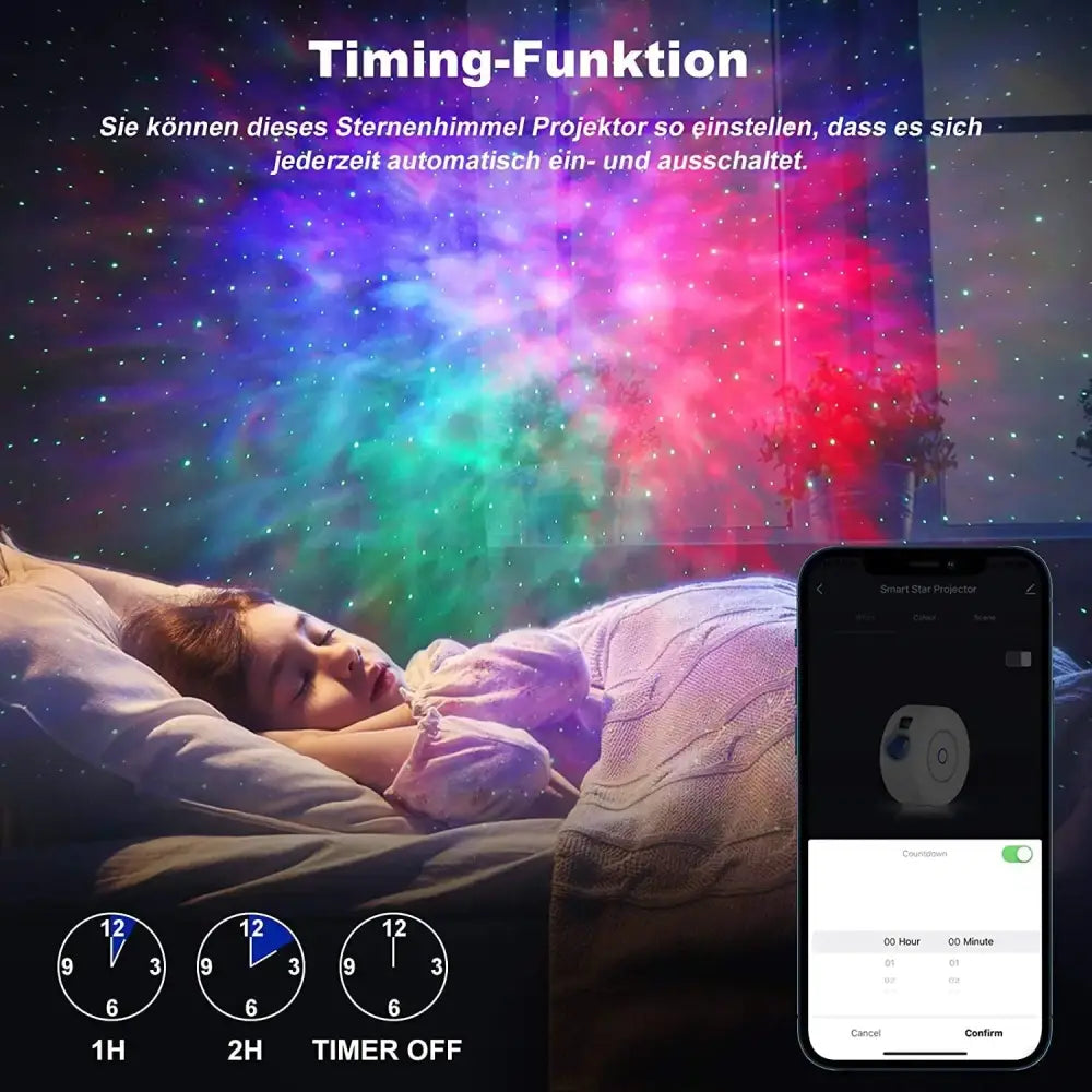 A sleek white smart star projector night light with a circular design and minimalist controls for bedroom use