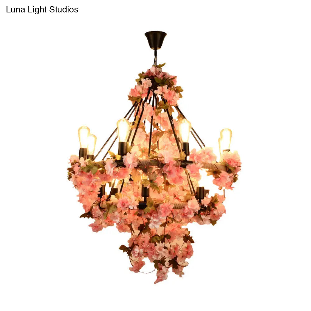 Black Bare Bulb Chandelier with Pink Flower and Rope Suspension - 14-Bulb Light Fixture for Warehouse