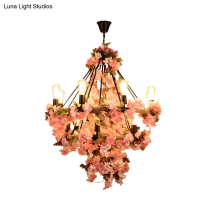 Black Bare Bulb Chandelier with Pink Flower and Rope Suspension - 14-Bulb Light Fixture for Warehouse