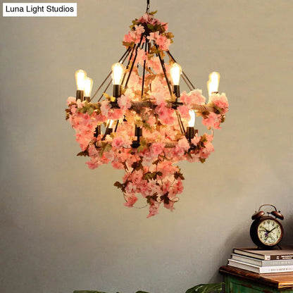 Black Bare Bulb Chandelier with Pink Flower and Rope Suspension - 14-Bulb Light Fixture for Warehouse