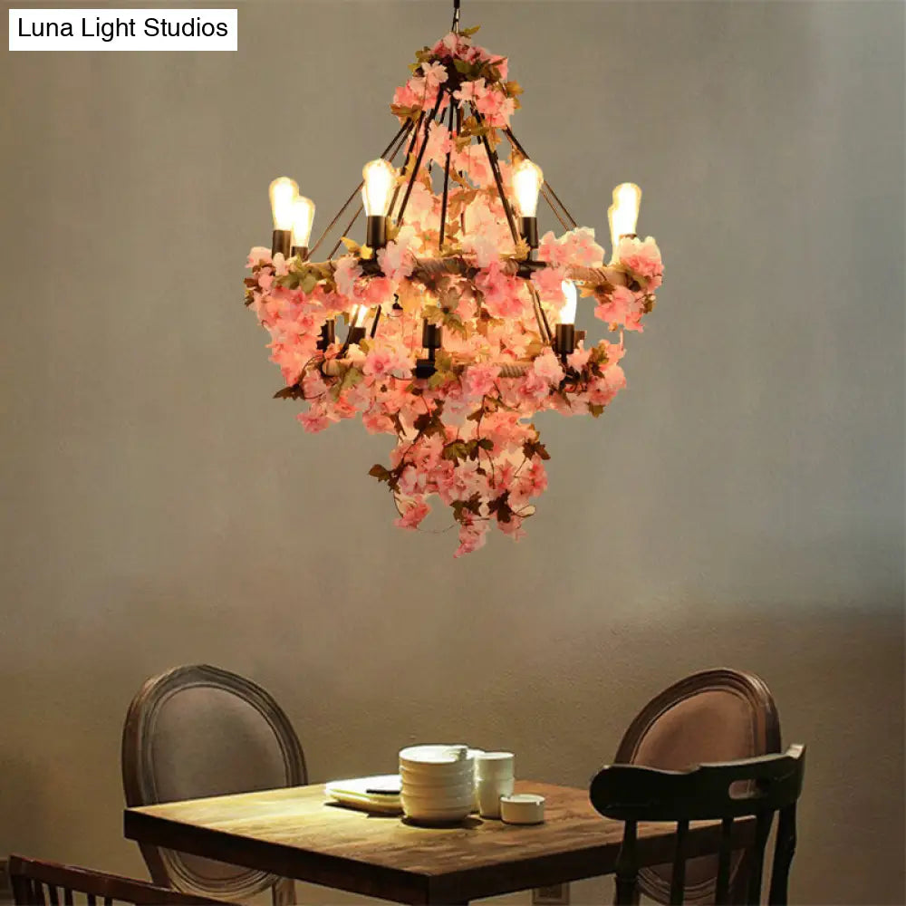 Black Bare Bulb Chandelier with Pink Flower and Rope Suspension - 14-Bulb Light Fixture for Warehouse