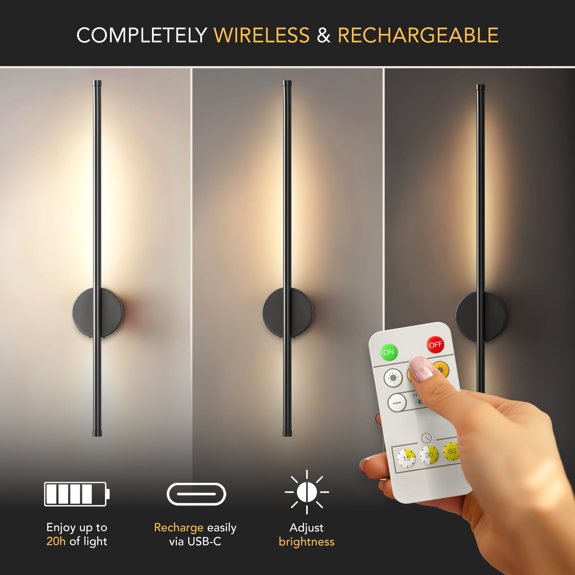 Wireless and rechargeable wall sconce with adjustable brightness.