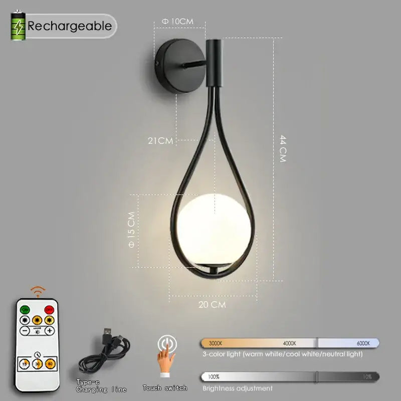 Decorbites black battery operated wall sconce with remote control and adjustable color temperature usb type-c compatible