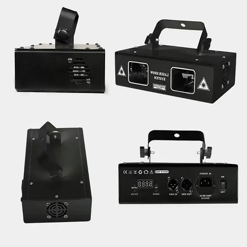 Black rectangular beam stroboscope laser with handle ventilation grilles and control ports for laser music light use