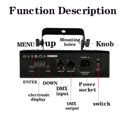 Black rectangular beam stroboscope laser music light fixture with dmx ports and control knobs for living room parties