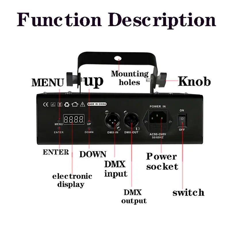 Black rectangular beam stroboscope laser music light fixture with dmx ports and control knobs for living room parties