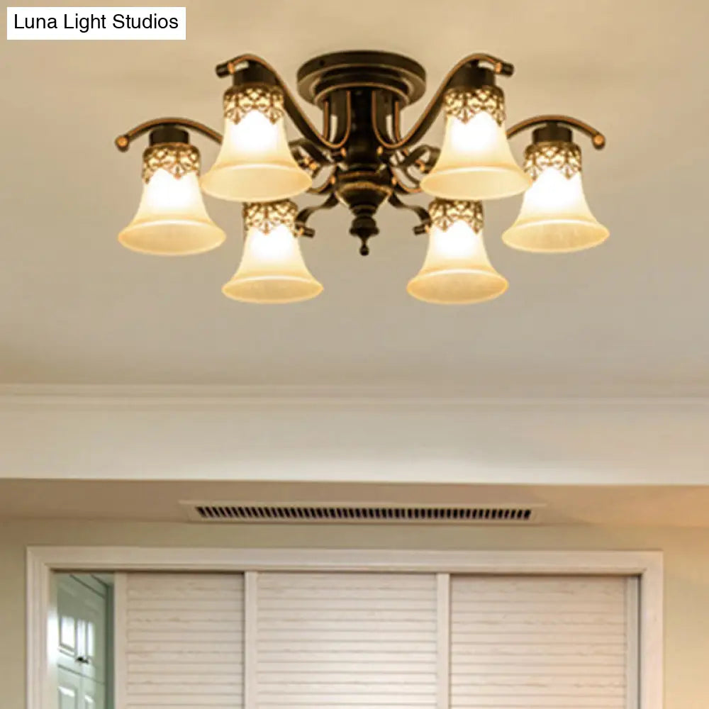 Black Bell Semi Flush Mount Ceiling Light Fixture - Classic Frosted Glass - 3/6/8 Lights for Living Room