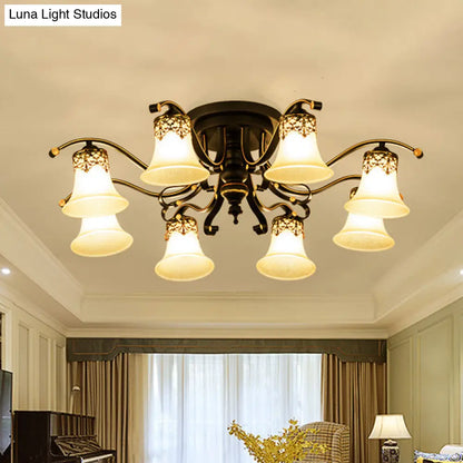 Black Bell Semi Flush Mount Ceiling Light Fixture - Classic Frosted Glass - 3/6/8 Lights for Living Room