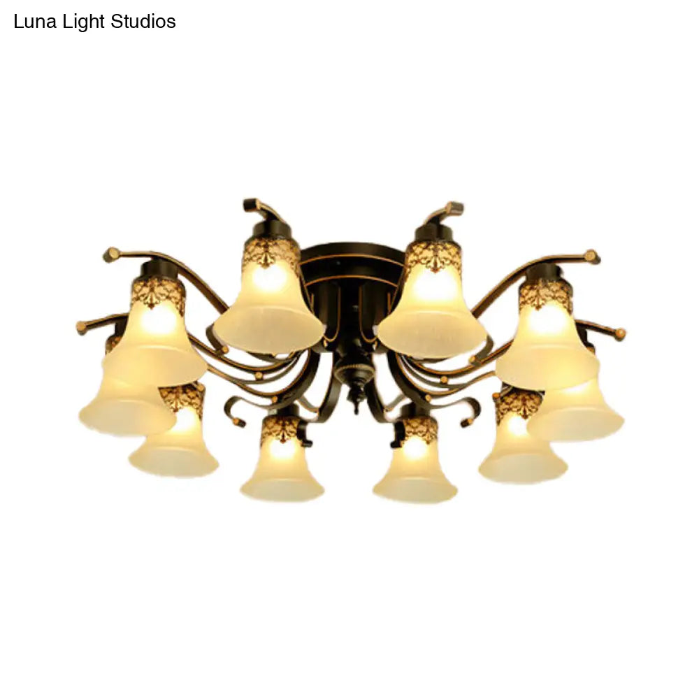 Black Bell Semi Flush Mount Ceiling Light Fixture - Classic Frosted Glass - 3/6/8 Lights for Living Room