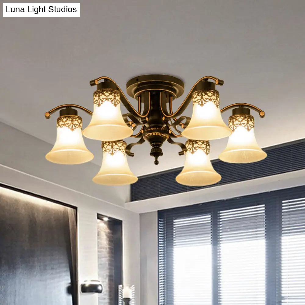 Black Bell Semi Flush Mount Ceiling Light Fixture - Classic Frosted Glass - 3/6/8 Lights for Living Room