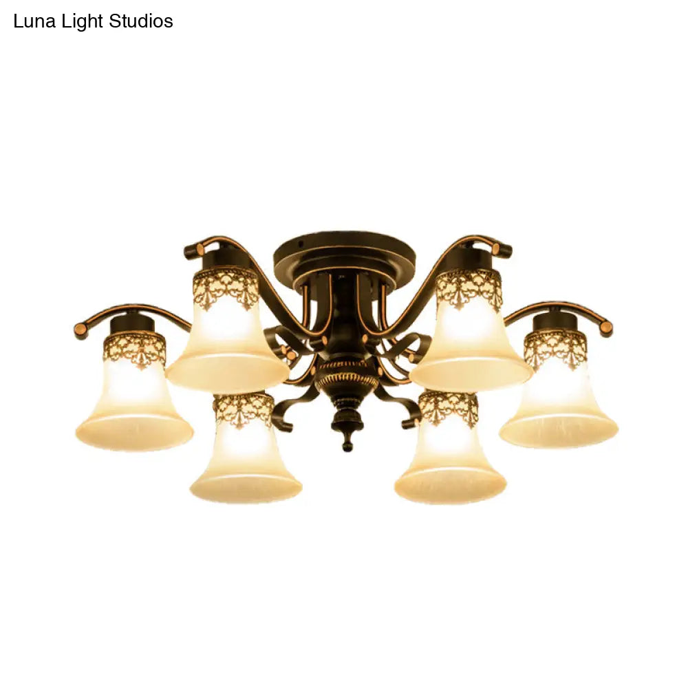 Black Bell Semi Flush Mount Ceiling Light Fixture - Classic Frosted Glass - 3/6/8 Lights for Living Room