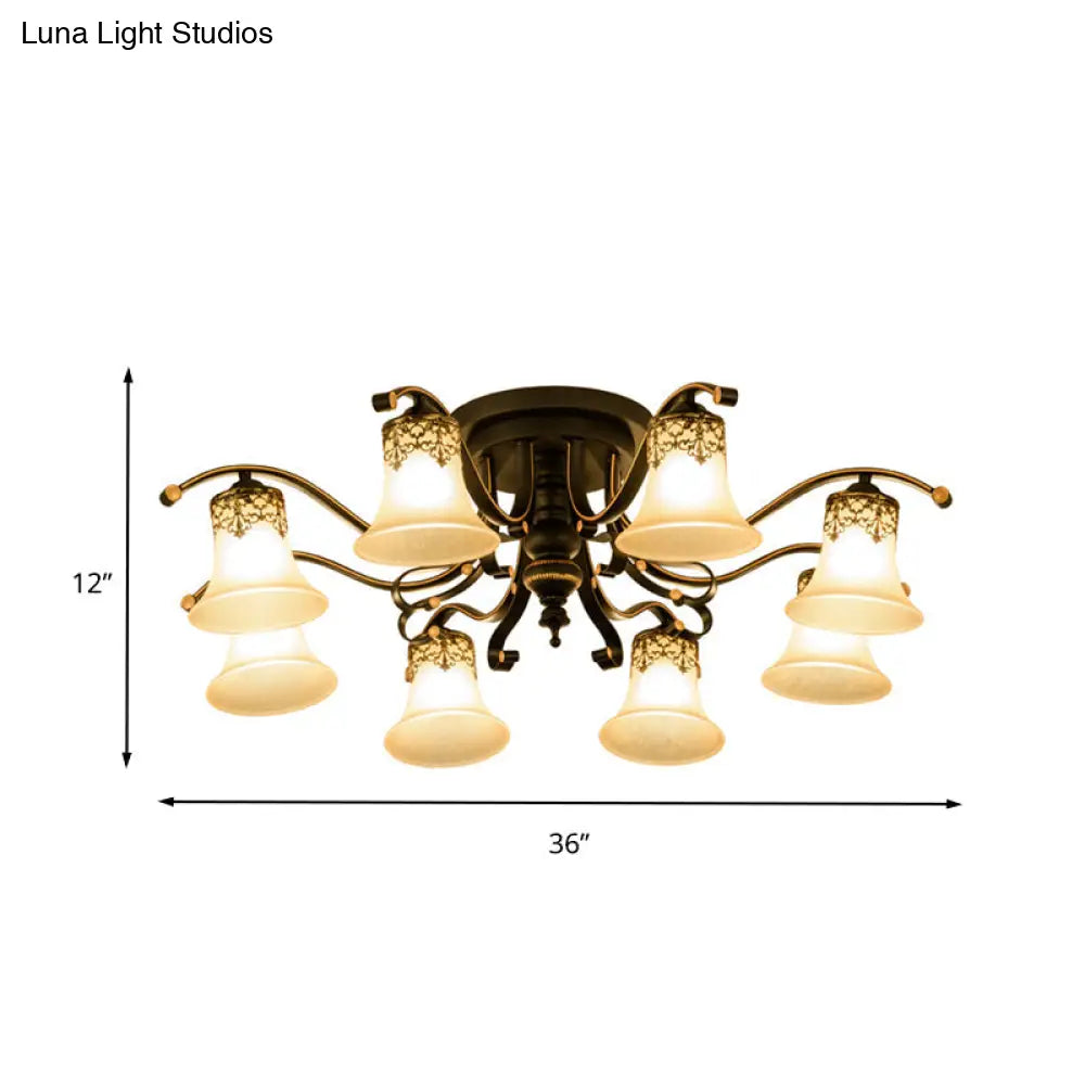 Black Bell Semi Flush Mount Ceiling Light Fixture - Classic Frosted Glass - 3/6/8 Lights for Living Room