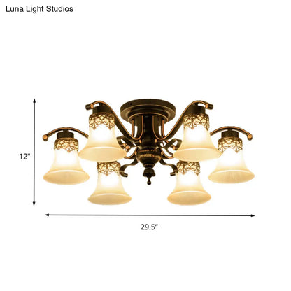 Black Bell Semi Flush Mount Ceiling Light Fixture - Classic Frosted Glass - 3/6/8 Lights for Living Room