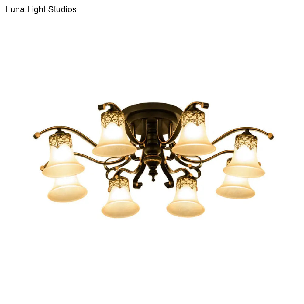 Black Bell Semi Flush Mount Ceiling Light Fixture - Classic Frosted Glass - 3/6/8 Lights for Living Room