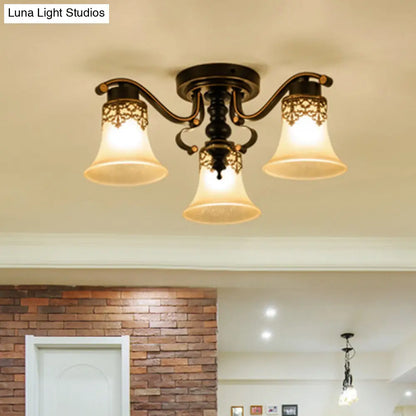 Black Bell Semi Flush Mount Ceiling Light Fixture - Classic Frosted Glass - 3/6/8 Lights for Living Room