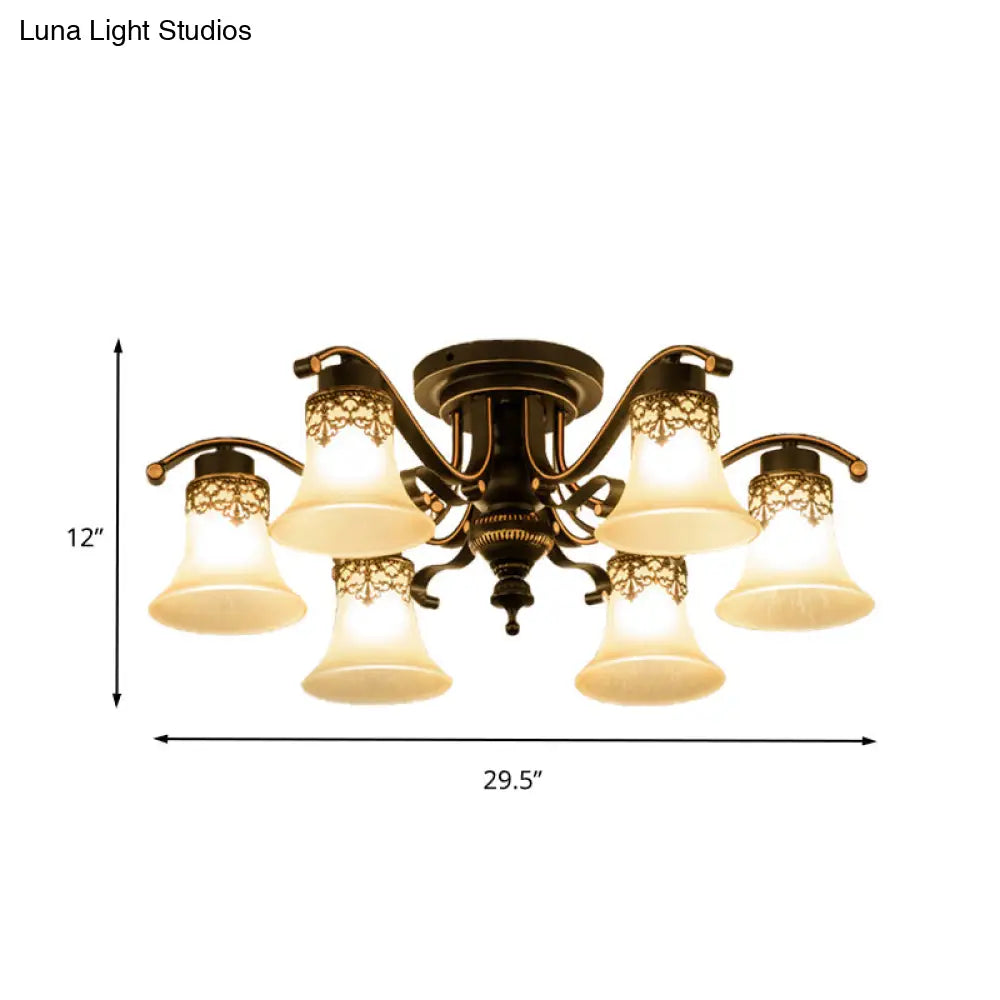 Black Bell Semi Flush Mount Ceiling Light Fixture - Classic Frosted Glass - 3/6/8 Lights for Living Room