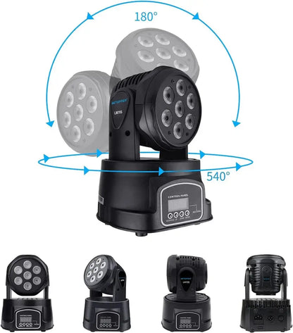 Black led moving head spotlight with seven circular emitters and control panel for decorbites big dipper rgbw mini use