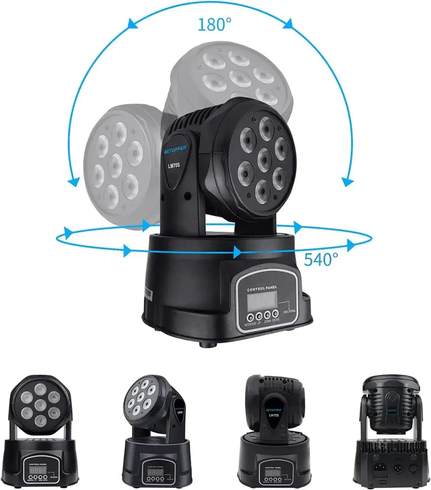 Black led moving head spotlight with seven circular emitters and control panel for decorbites big dipper rgbw mini use