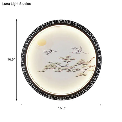 Black Bird and Tree Branch LED Wall Mount Light Fixture - Asian Style with Fabric Shade