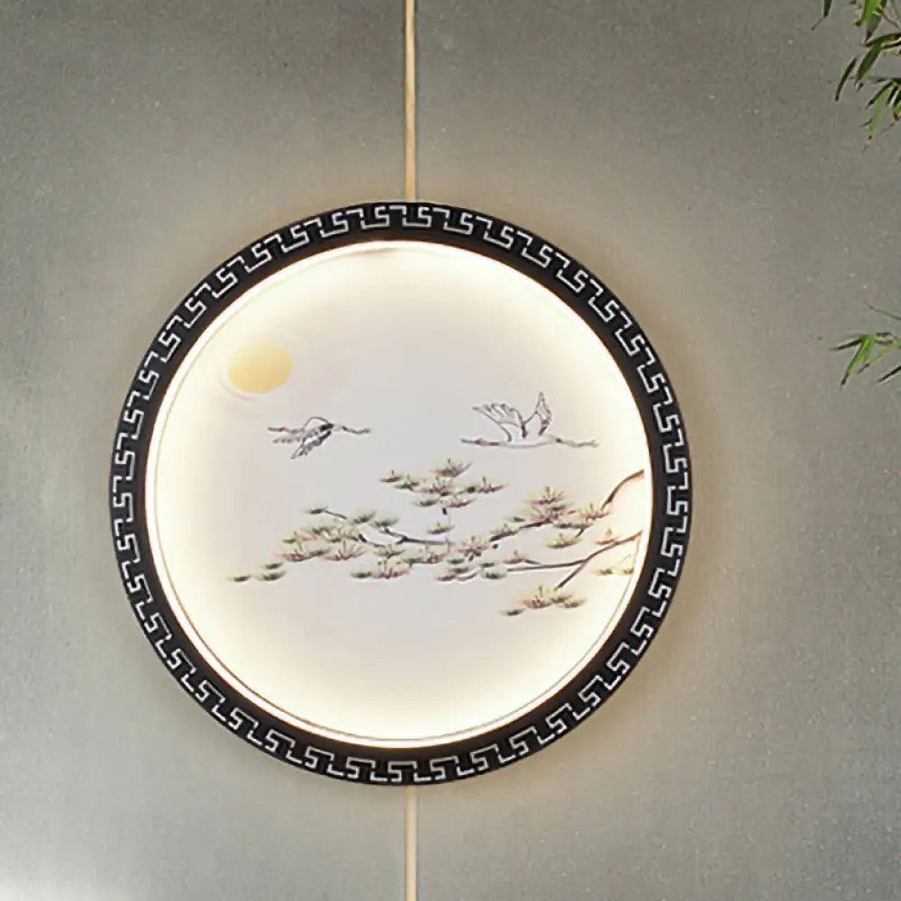 Black Bird and Tree Branch LED Wall Mount Light Fixture - Asian Style with Fabric Shade