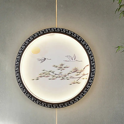 Black Bird and Tree Branch LED Wall Mount Light Fixture - Asian Style with Fabric Shade