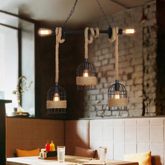 DecorBites™ Black Birdcage Island Pendant Light with Jute Rope Cord - 5 Bulbs, Factory Metal Design