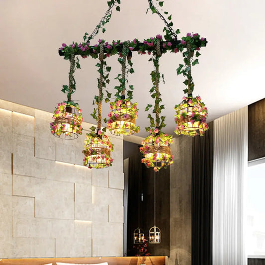 DecorBites™ Black Birdcage Metallic Linear Pendant with Rose Vine: 5 Bulbs Rope Island Light Fixture