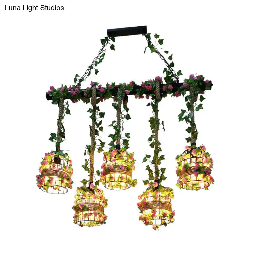 Decorbites black birdcage metallic linear pendant island light fixture with five rope hanging led fluorescent bulbs and rose vine