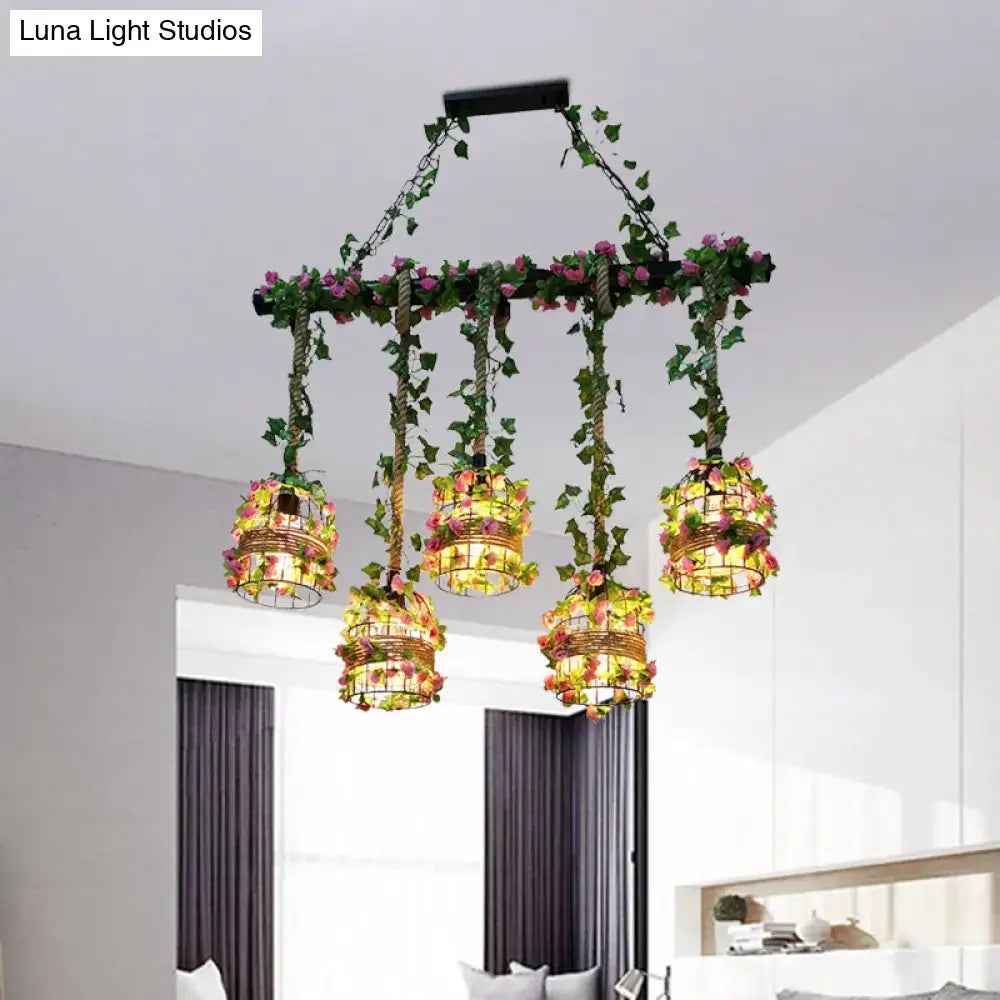 Decorbites black birdcage metallic linear pendant island light fixture with five bulbs and rose vine accents
