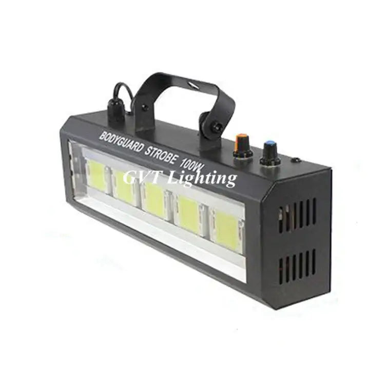 Black bodyguard 100w yellowish white strobe light with six leds, handle, control knobs, and auto sound control feature