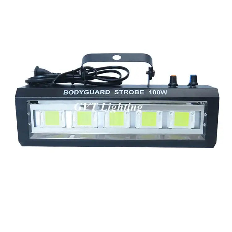 Black bodyguard 100w yellowish white strobe light with six green panels and two knobs featuring auto sound control