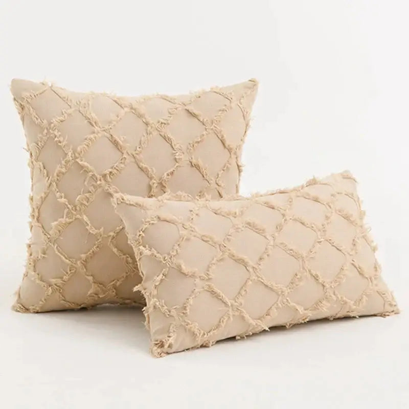 Beige fabric throw pillow cover with diamond patterned frayed texture for decorbites black boho lumbar decor
